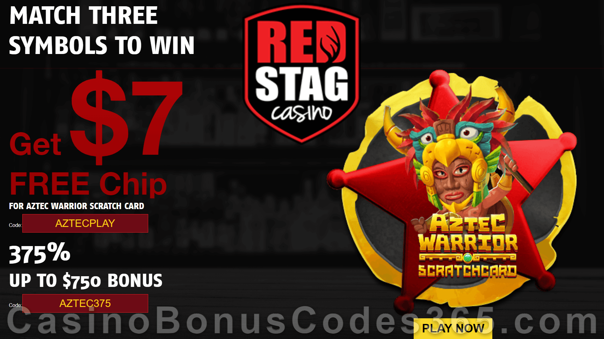 Red Stag Casino 68 FREE Spins on Aztec Warrior Scratchcard plus 375% Match Bonus Welcome Package