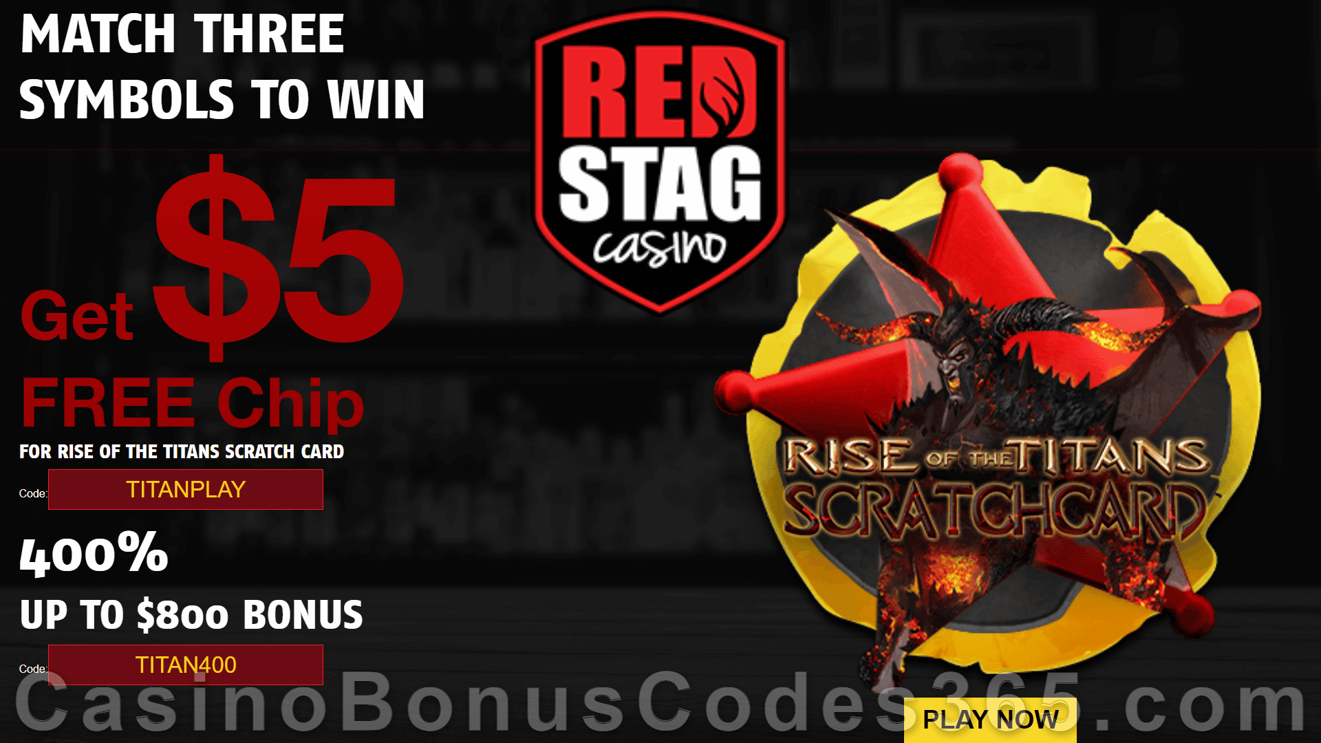 Red Stag Casino 68 FREE Spins on Rise of the Titans Scratchcard plus 400% Match Bonus Welcome Package