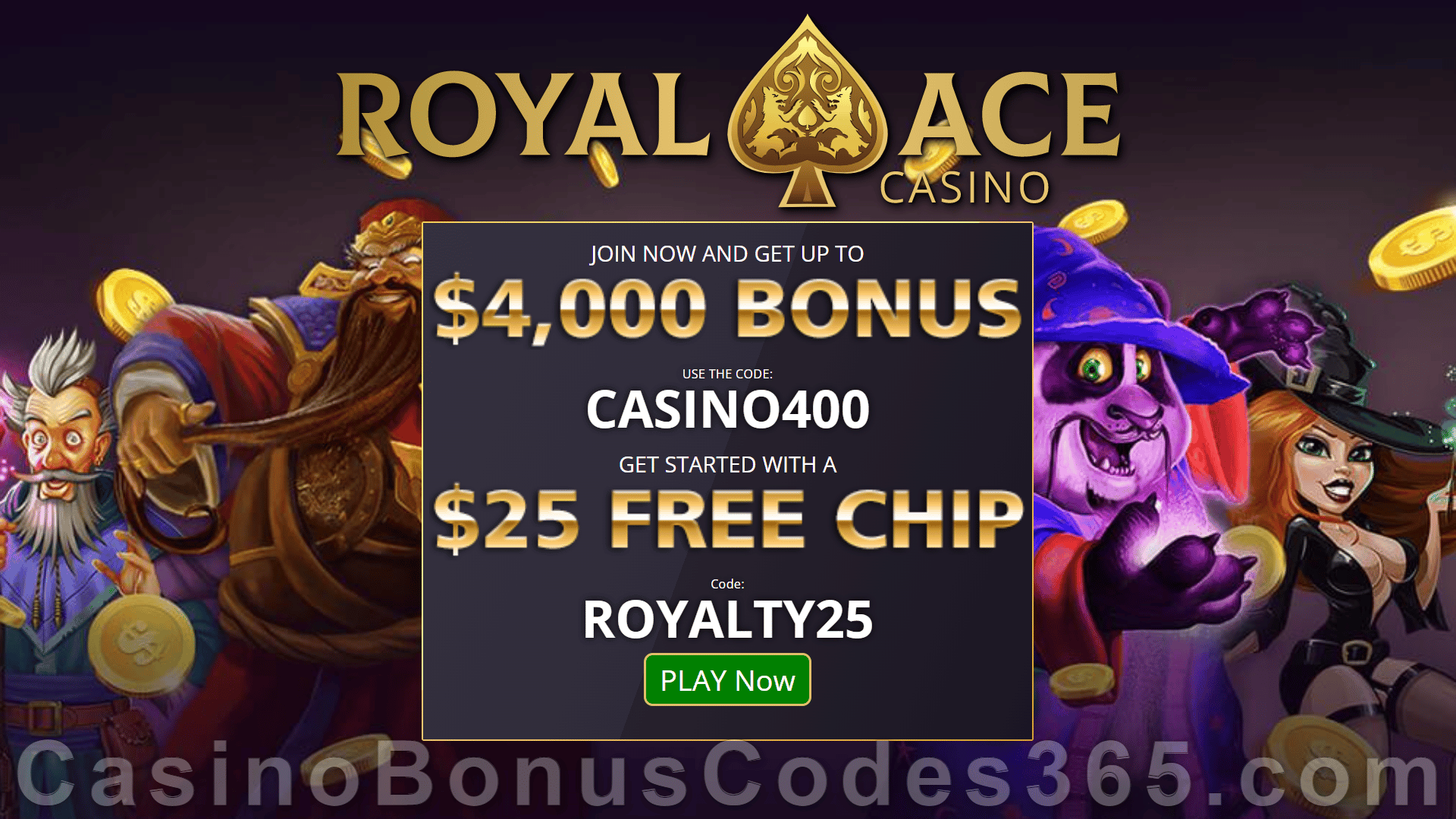 Royal Ace Casino 400% up to $4000 plus $25 FREE Chip Welcome Package