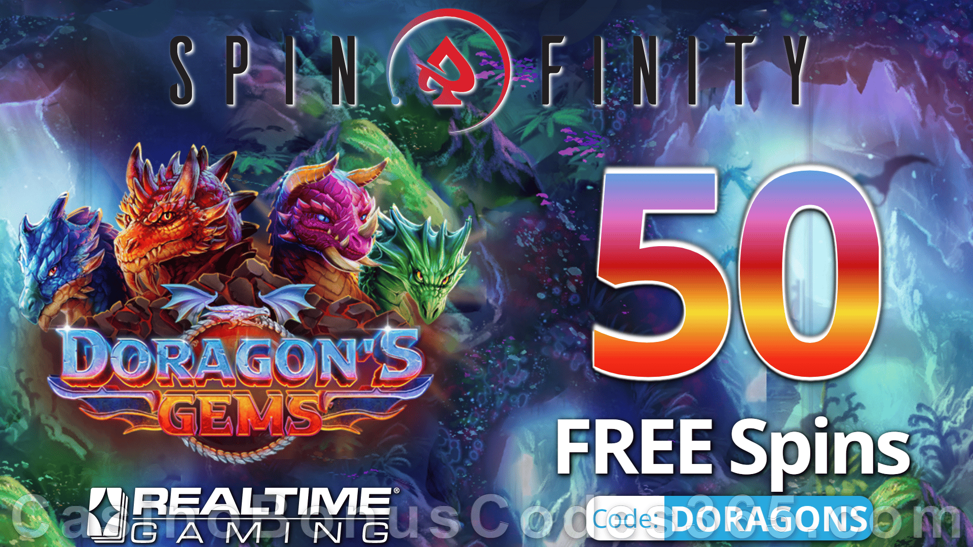 Spinfinity 50 FREE Spins on Doragon's Gems Special New RTG Game No Deposit Promo