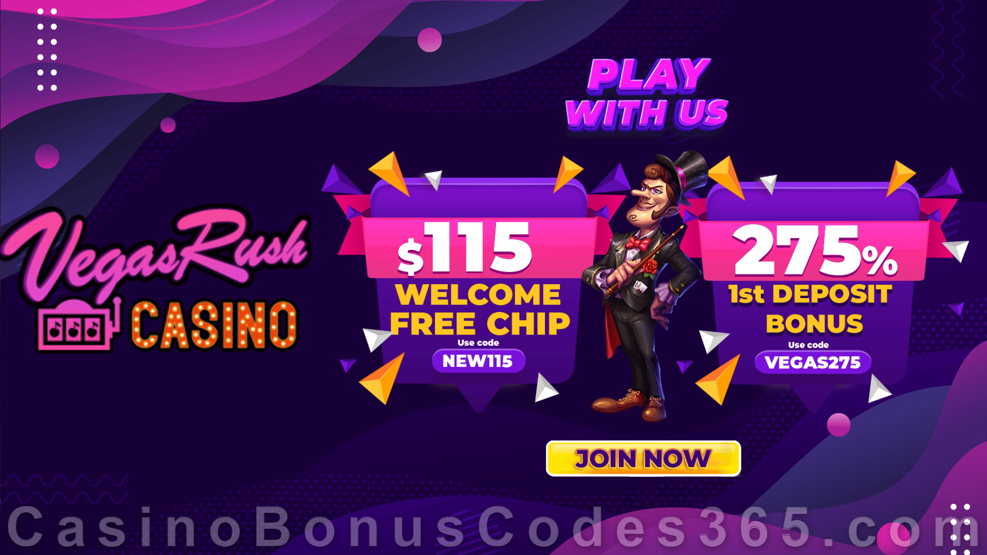 Vegas Rush Casino $115 No Deposit FREE Chip plus 275% Match Bonus The Wild Show Offer