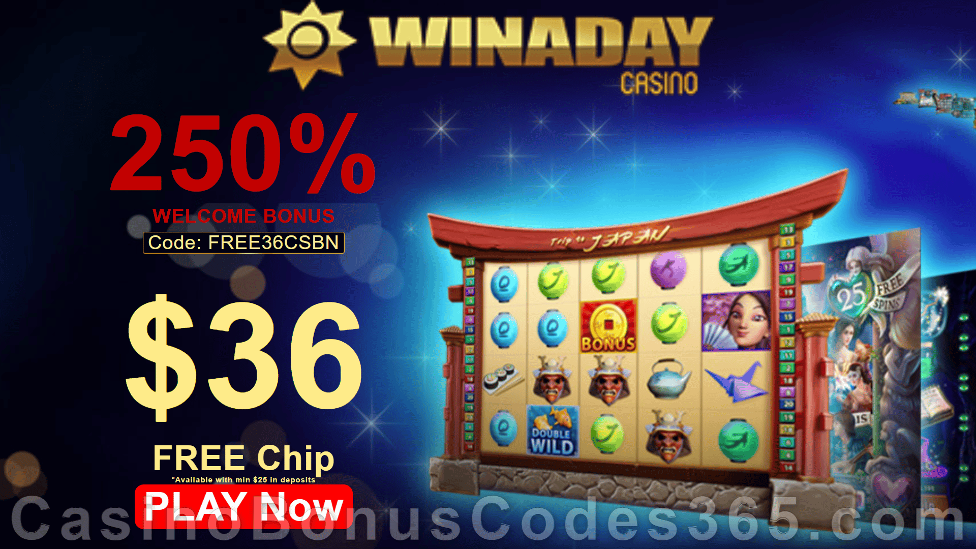 Win A Day Casino $36 FREE Chip plus 250% Match Bonus Welcome Deal