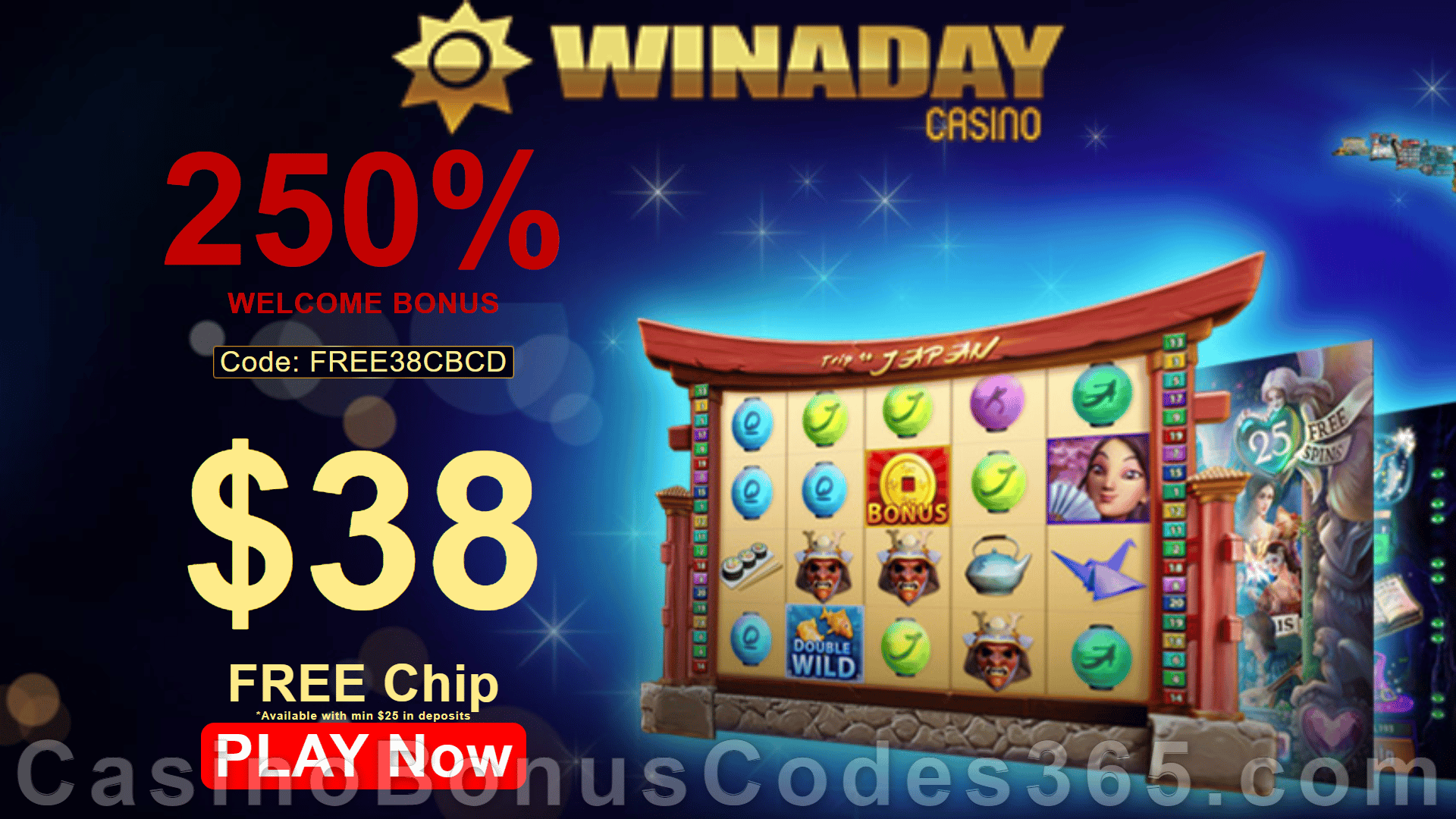 Win A Day Casino $38 FREE Chip plus 250% Match Bonus Welcome Deal