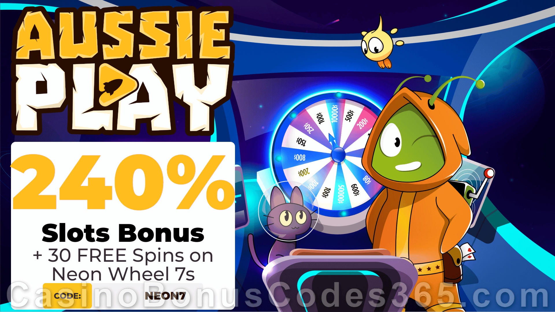 AussiePlay Casino 240% Match Pokies Bonus plus 40 FREE Neon Wheel 7s Spins New RTG Game Welcome Offer