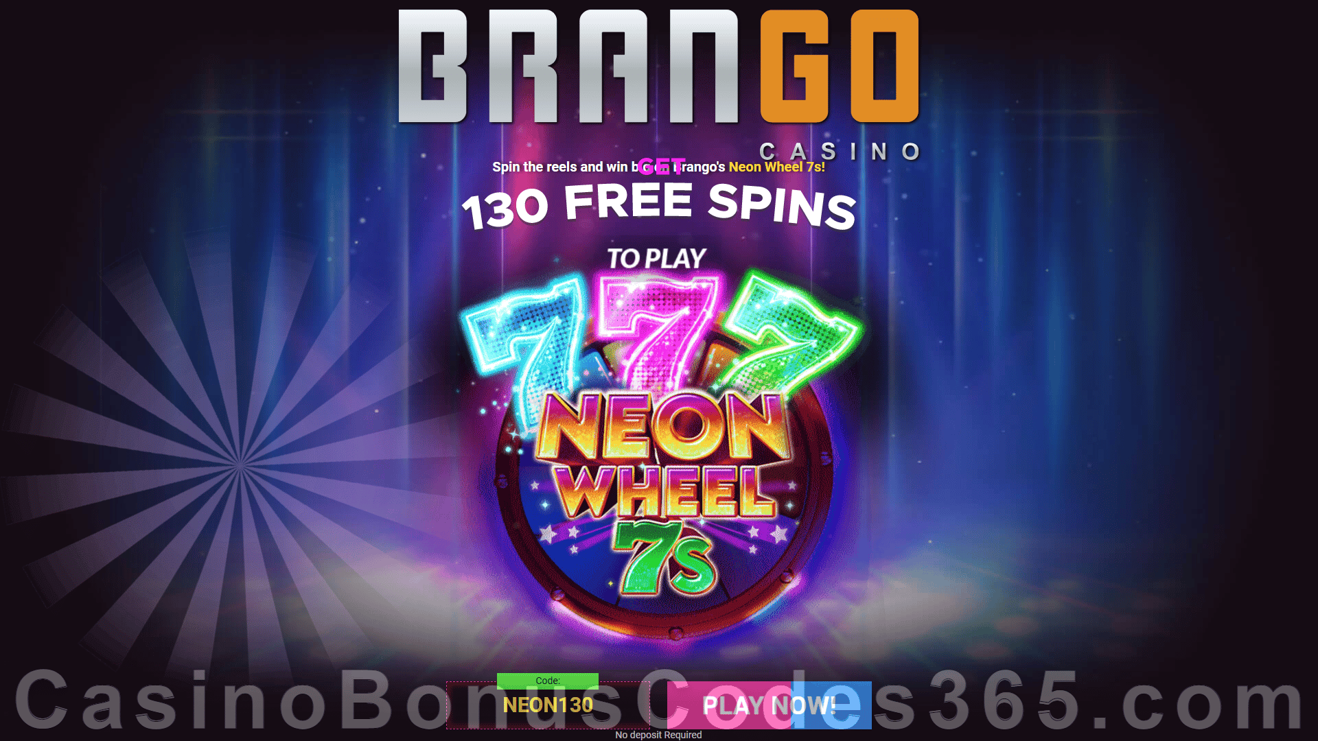 Casino Brango 130 FREE Spins on RTG Neon Wheel 7s Mega Welcome Offer