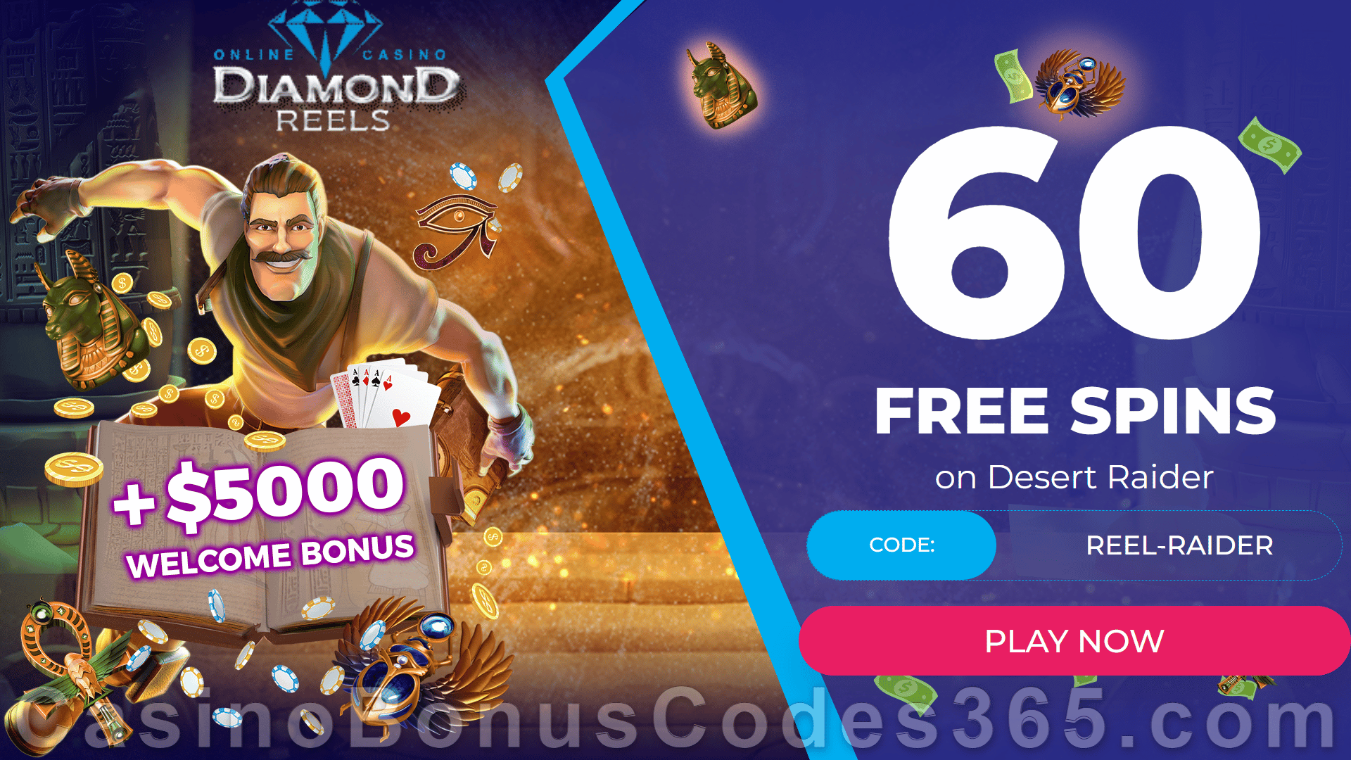 Diamond Reels Casino 60 FREE RTG Desert Raider Spins Exclusive New Players No Deposit Promotion