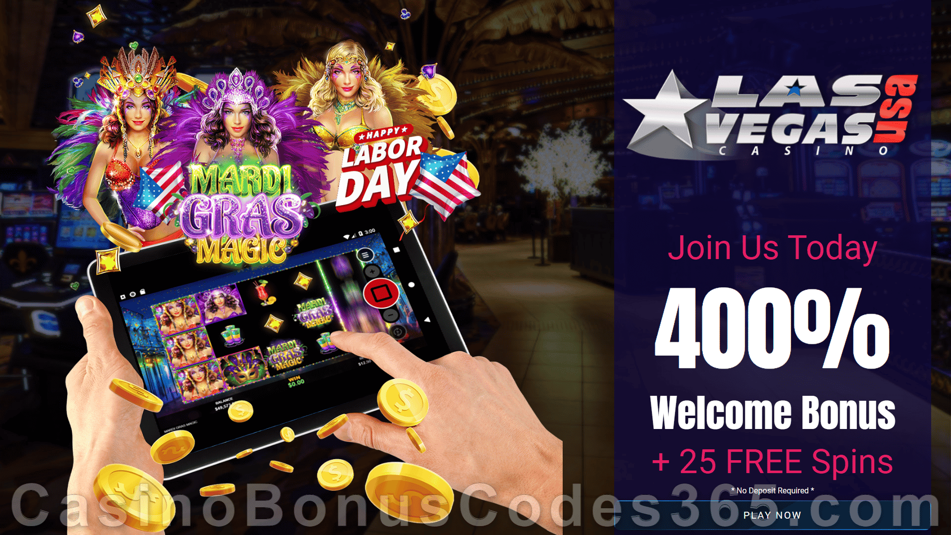 Las Vegas USA Casino 25 FREE Spins on RTG Mardi Gras Magic plus 400% Match Welcome Bonus Package