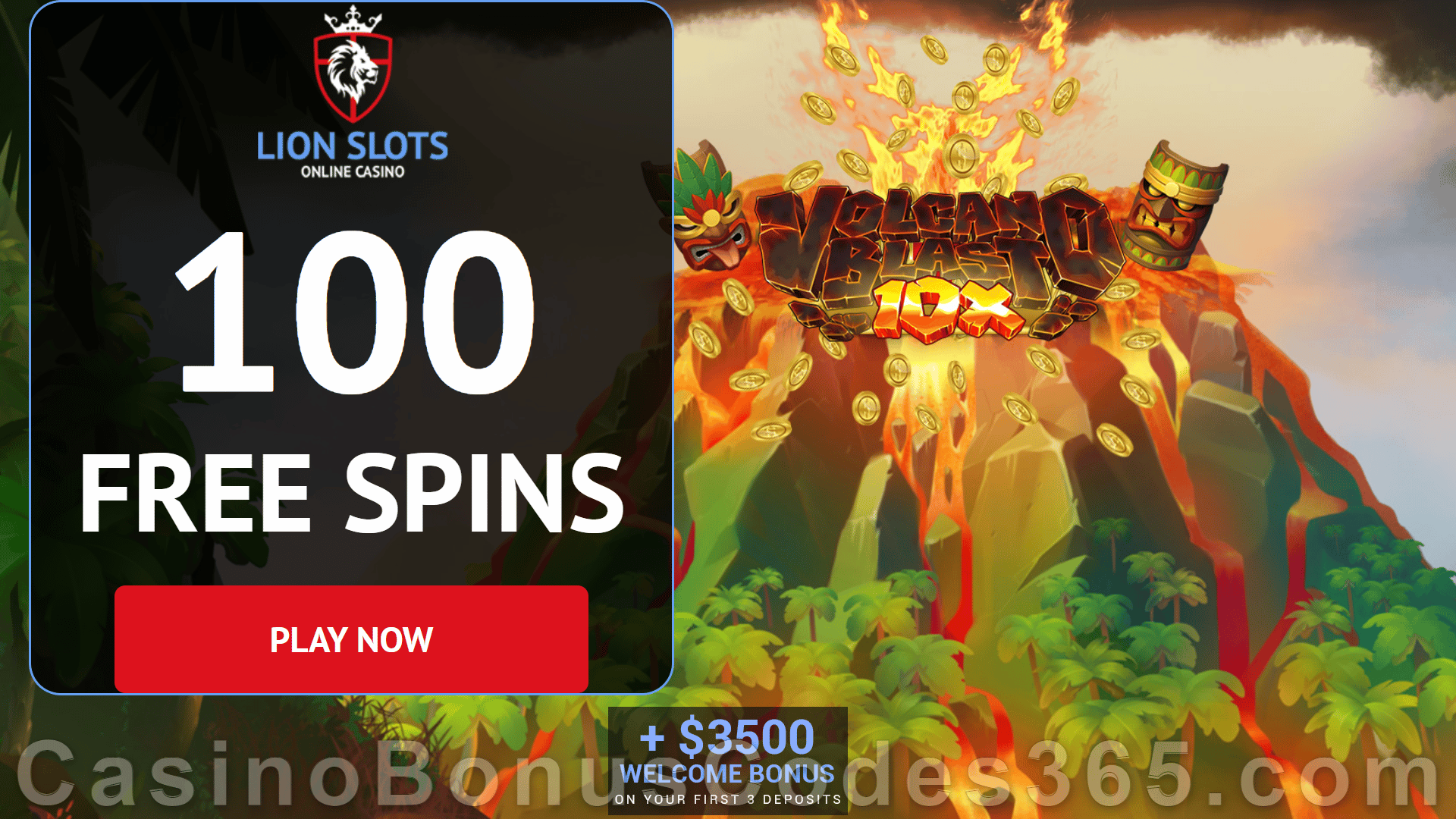 Lion Slots Exclusive 100 FREE Spins on Rival Volcano Blast 10x No Deposit Sign Up Offer