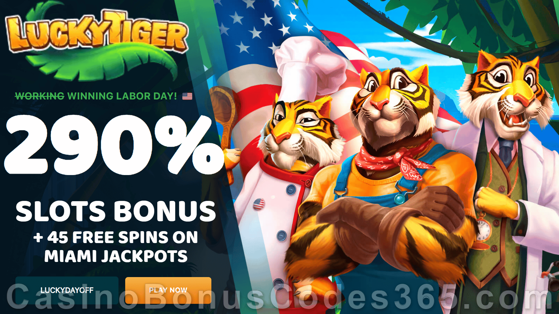 Lucky Tiger Casino 290% Match Slots Bonus plus 45 FREE Miami Jackpots Spins on top Father's Daye Special Offer