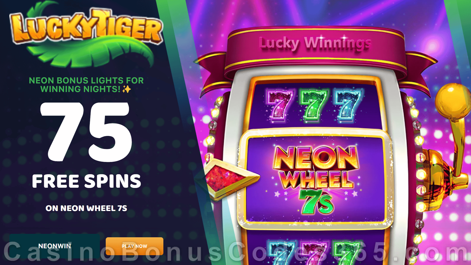 Lucky Tiger Casino 75 FREE Spins on Neon Wheel 7s Special New RTG Game Sign Up Offer