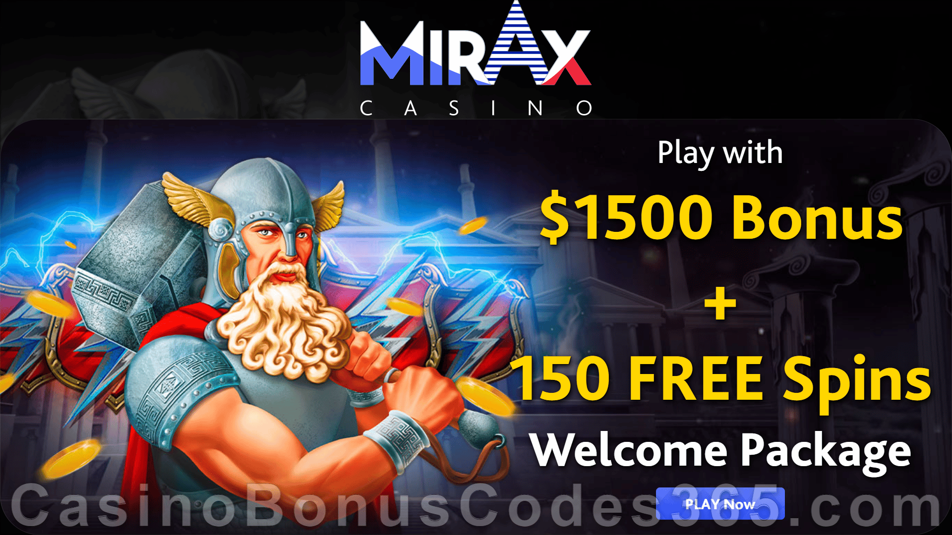 Mirax Casino $1500 Bonus plus 150 FREE Spins New Players Sign Up Gift Pack