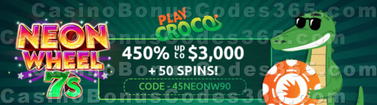 PlayCroco 450% up to $3000 Bonus plus 50 FREE Spins on RTG Neon Wheel 7s New Players Offer