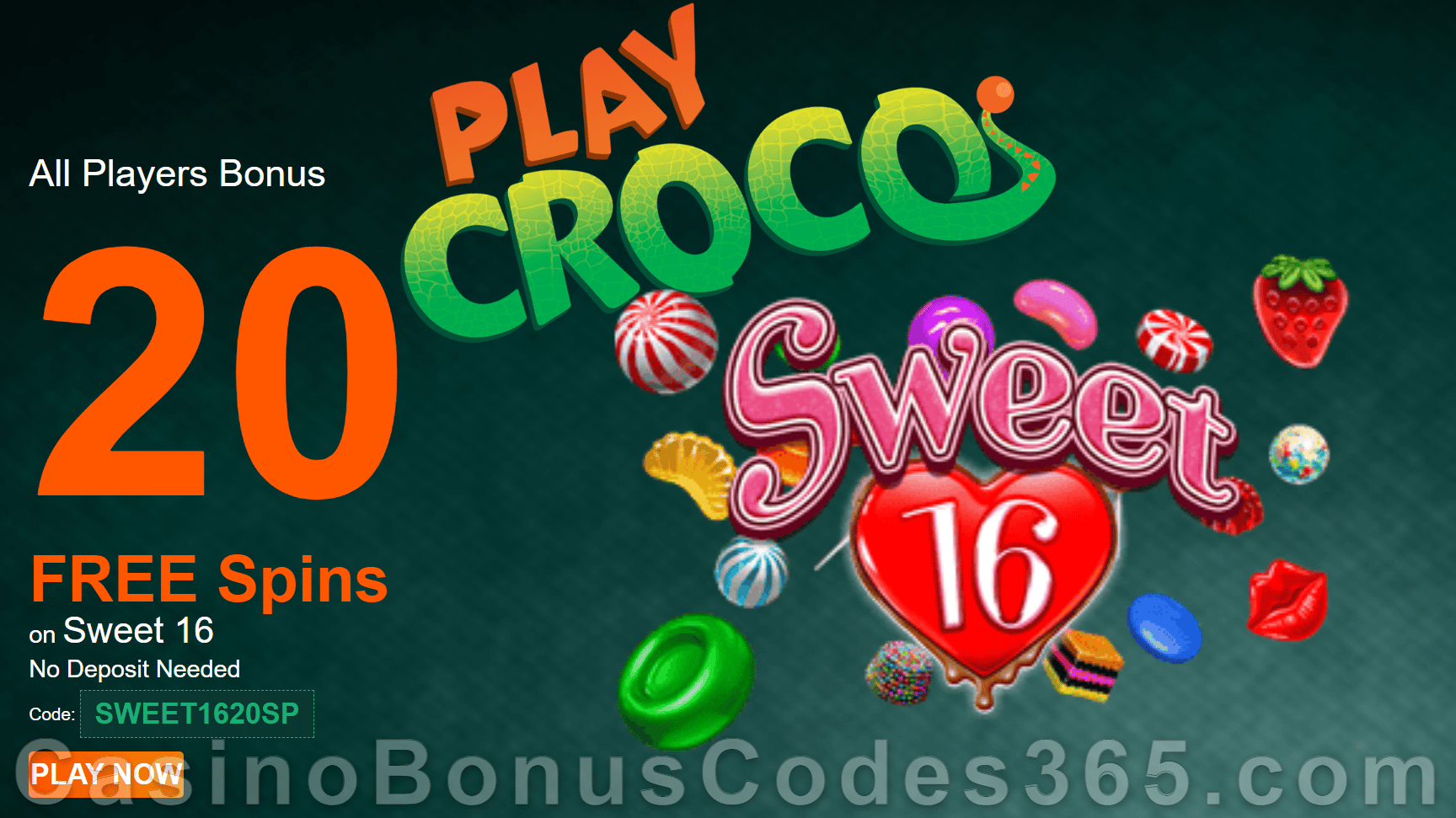 PlayCroco 20 FREE Sweet 16 Spins Special No Deposit New RTG Game Promo