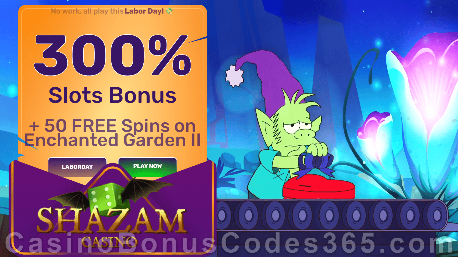 Shazam Casino 300% Match Slots Bonus plus 50 FREE Spins on RTG Enchanted Garden II Special Father's Day New Players Reward