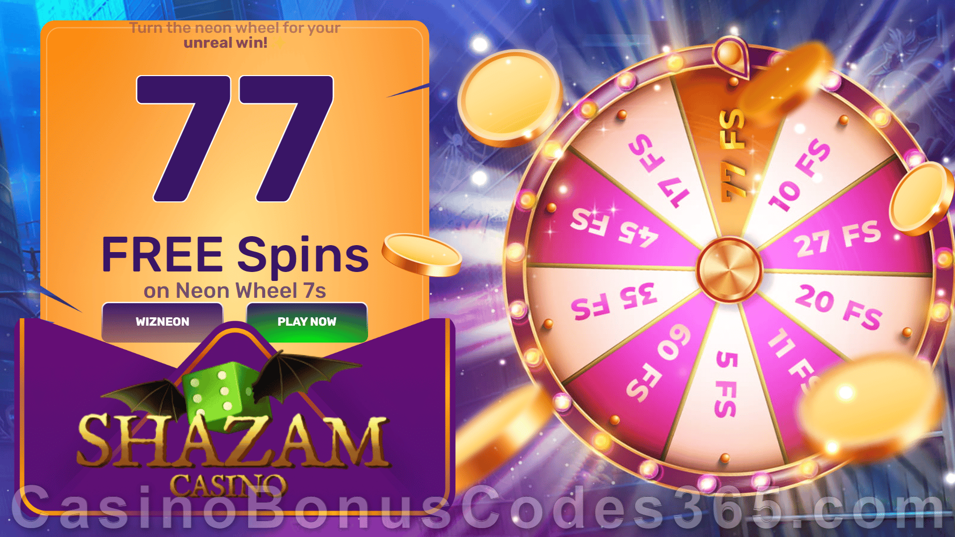 Shazam Casino 77 FREE Spins on RTG Neon Wheel 7s No Deposit New Players Offer