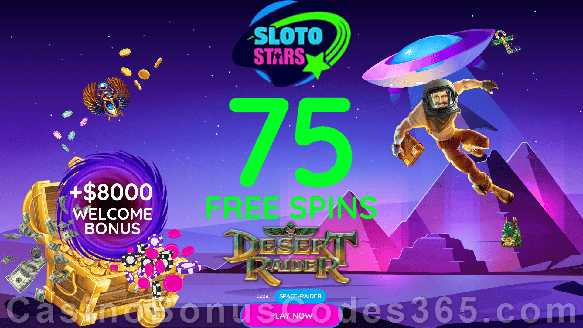 Sloto Stars 75 FREE RTG Desert Raider Spins No Deposit Sign Up Bonus