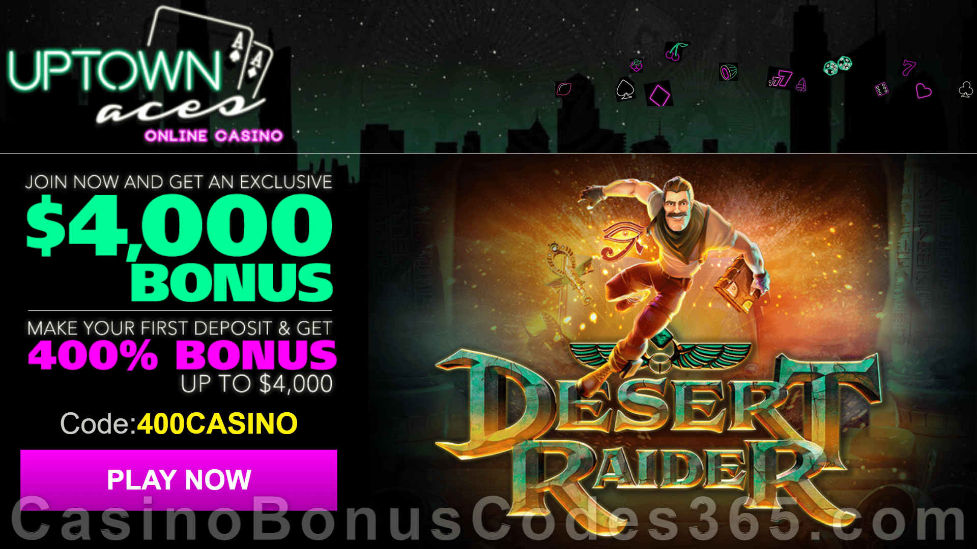 Uptown Aces Special RTG Game Desert Raider 400% Match up to $4000 Bonus Sign Up Deal