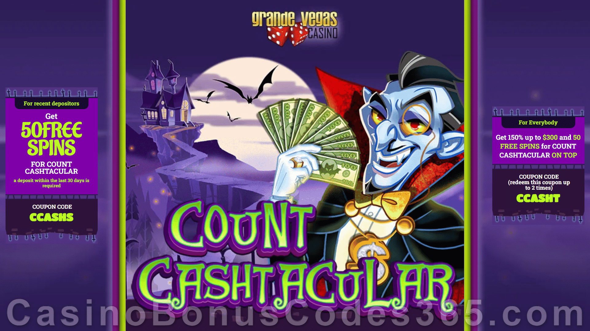 Grande Vegas Casino New RTG Game Count Cashtacular 150% up to $300 Bonus plus 150 FREE Spins Special Promotion