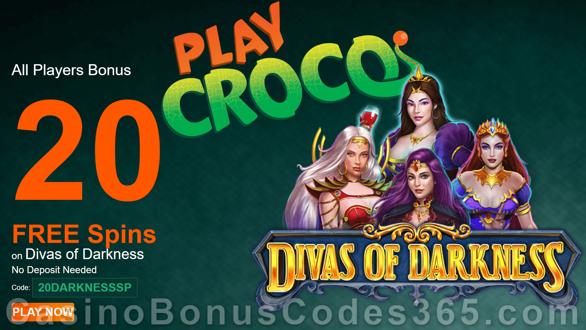 PlayCroco 20 FREE Divas of Darkness Spins Special No Deposit New RTG Game Promo