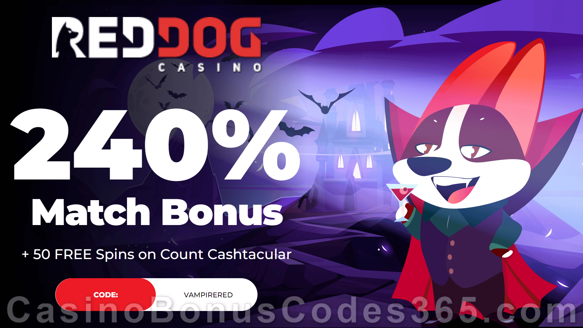 Red Dog Casino 240% Match plus 40 FREE RTG Count Cashtacular Spins Special New Players Offer