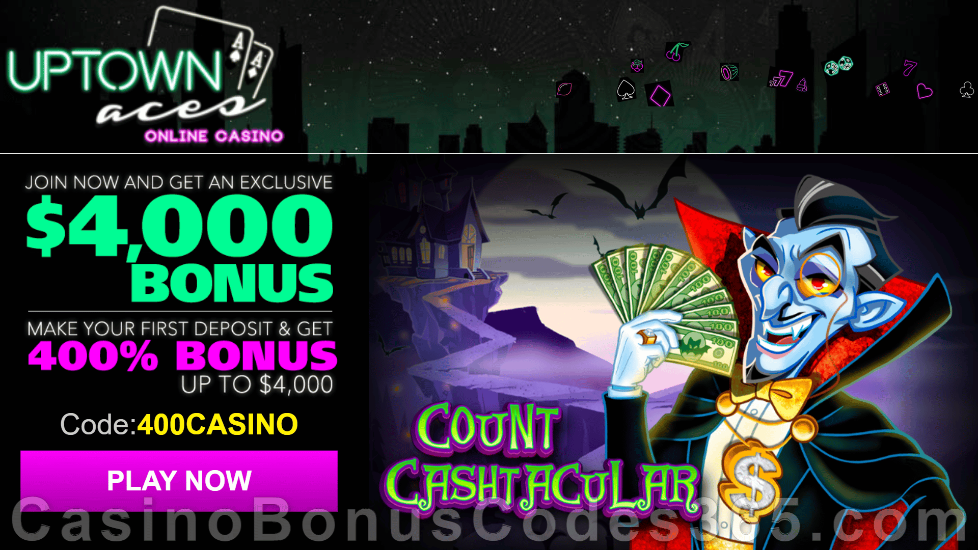 Uptown Aces Special RTG Game Count Cashtacular 400% Match up to $4000 Bonus Sign Up Deal