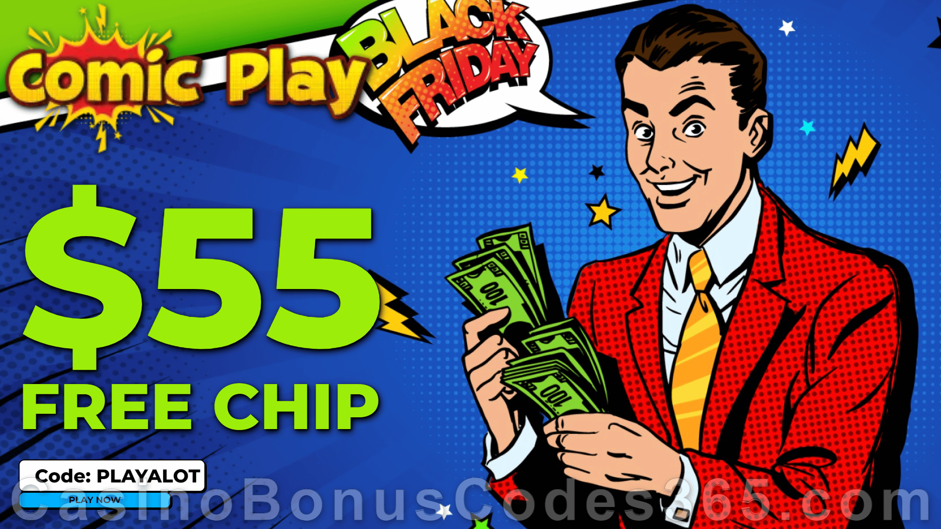 ComicPlay Casino $55 FREE Chip Mega No Deposit Welcome Deal RTG