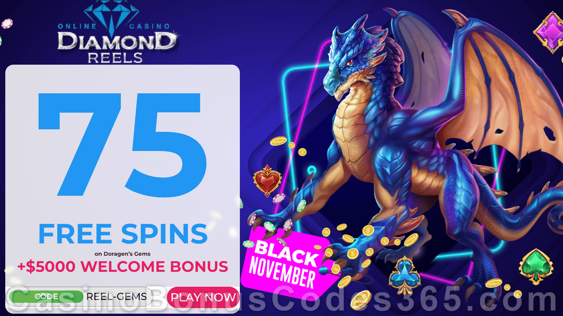 Diamond Reels Casino 75 FREE RTG Doragon's Gems Spins Exclusive New Players No Deposit Promotion