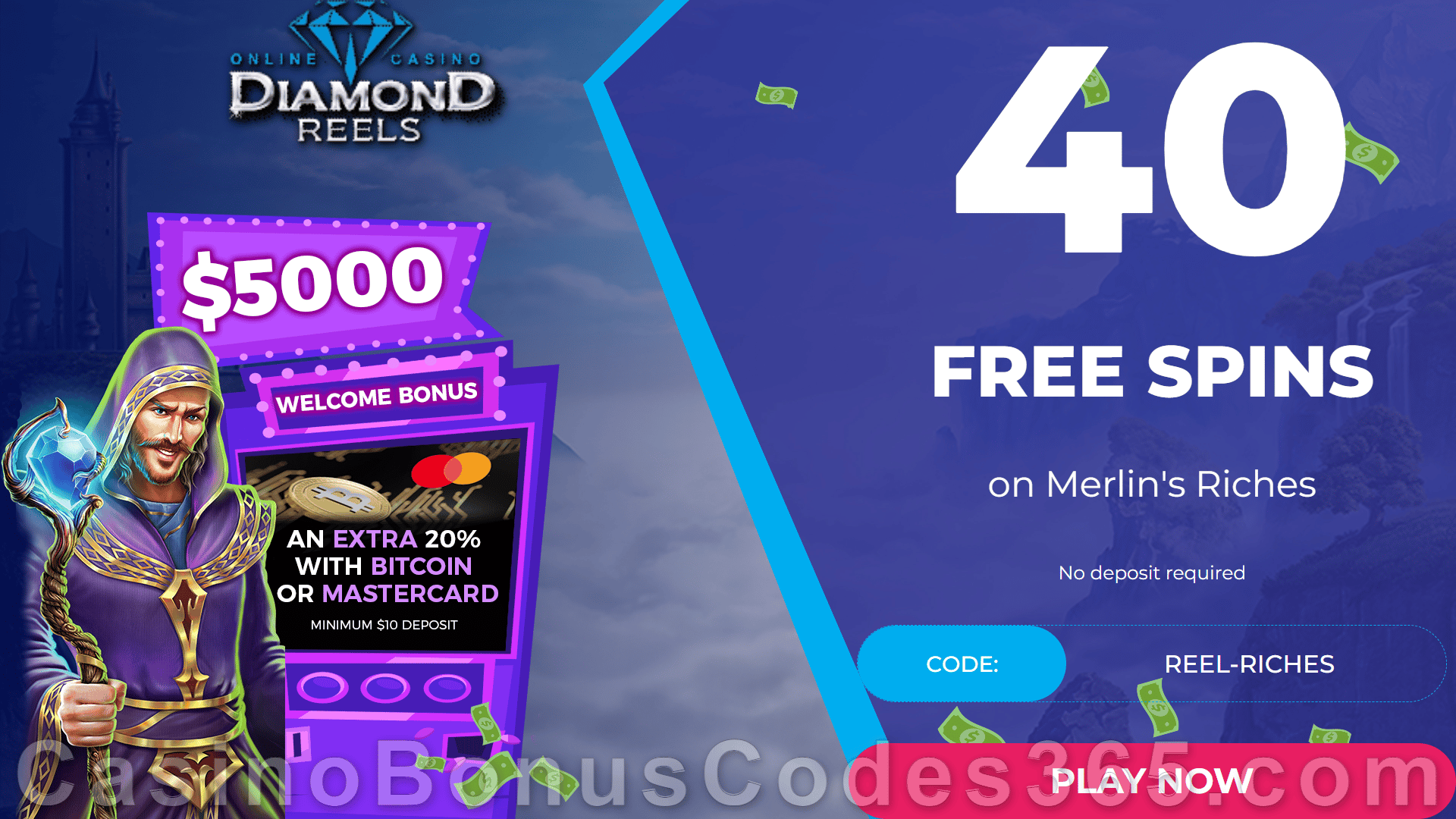 Diamond Reels Casino 40 FREE RTG Merlin's Riches Spins Exclusive New Players No Deposit Promotion