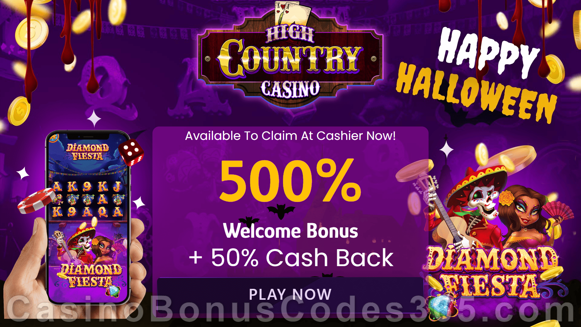 High Country Casino 500% Match Bonus with 50% Cashback RTG Halloween Treasures Special Welcome Offer