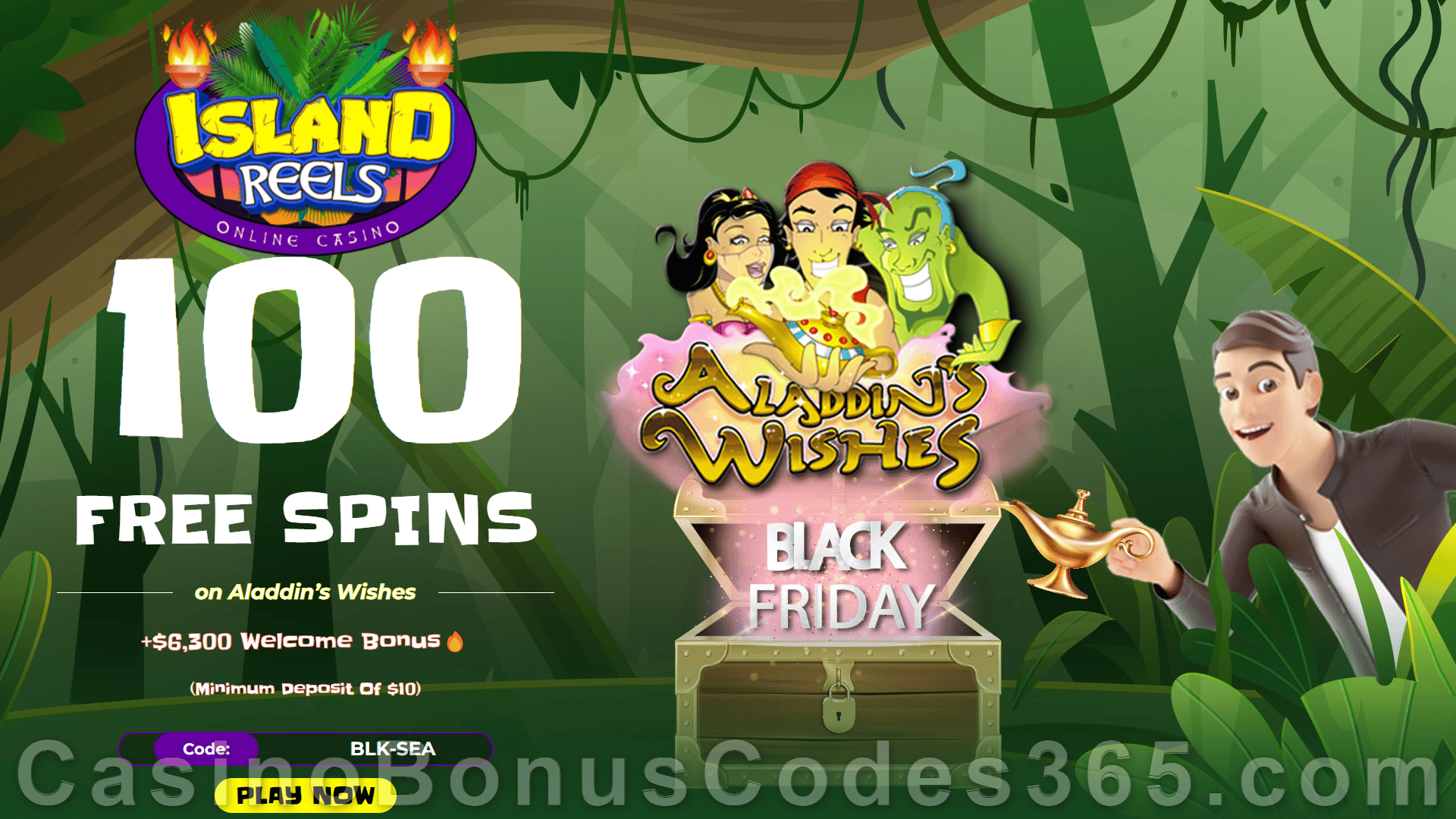 Island Reels 100 FREE Spins on RTG Aladdin's Wishes Exclusive No Deposit Sign Up Offer