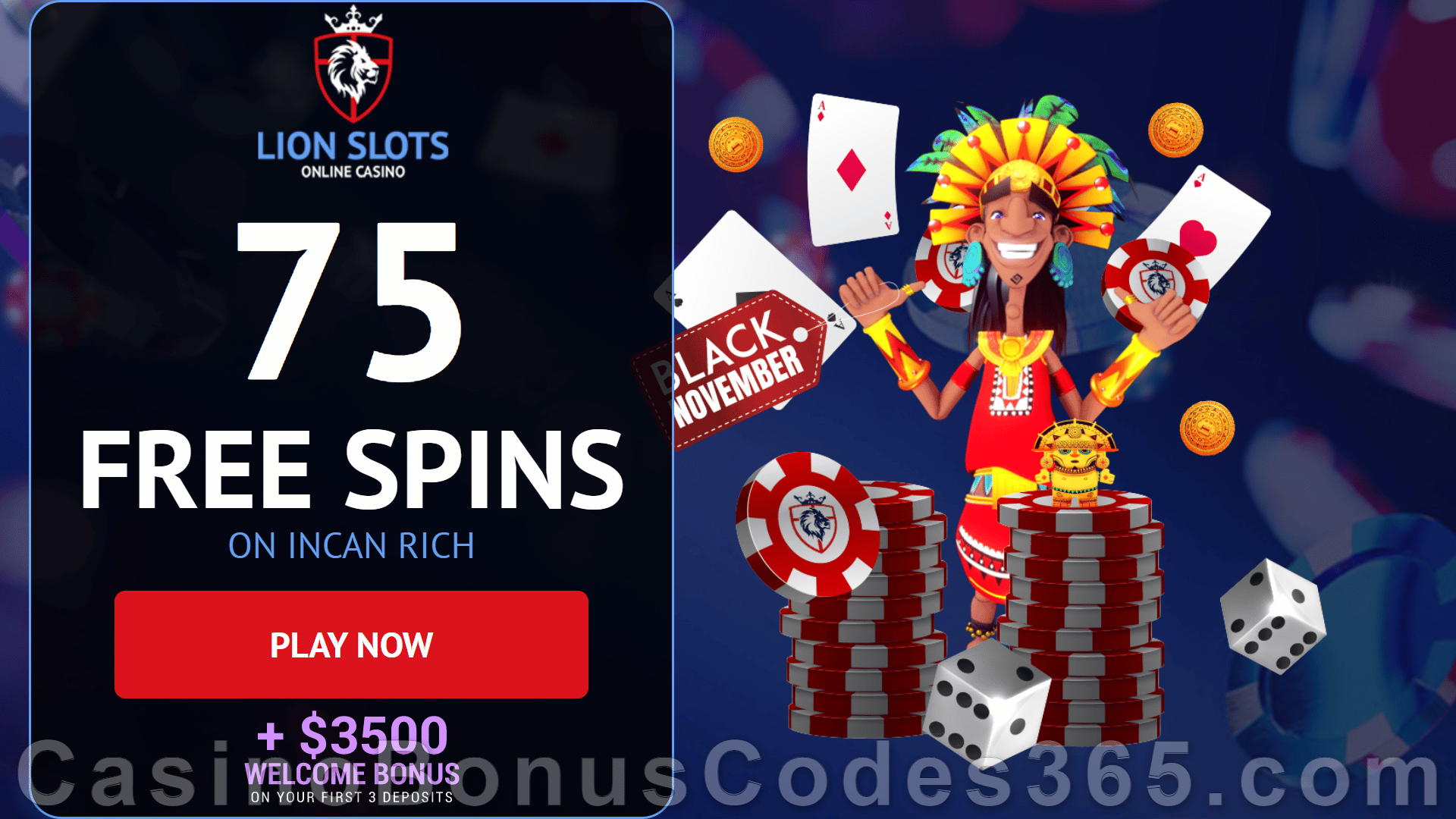 Lion Slots Exclusive 75 FREE Spins on Rival Incan Rich No Deposit Sign Up Offer