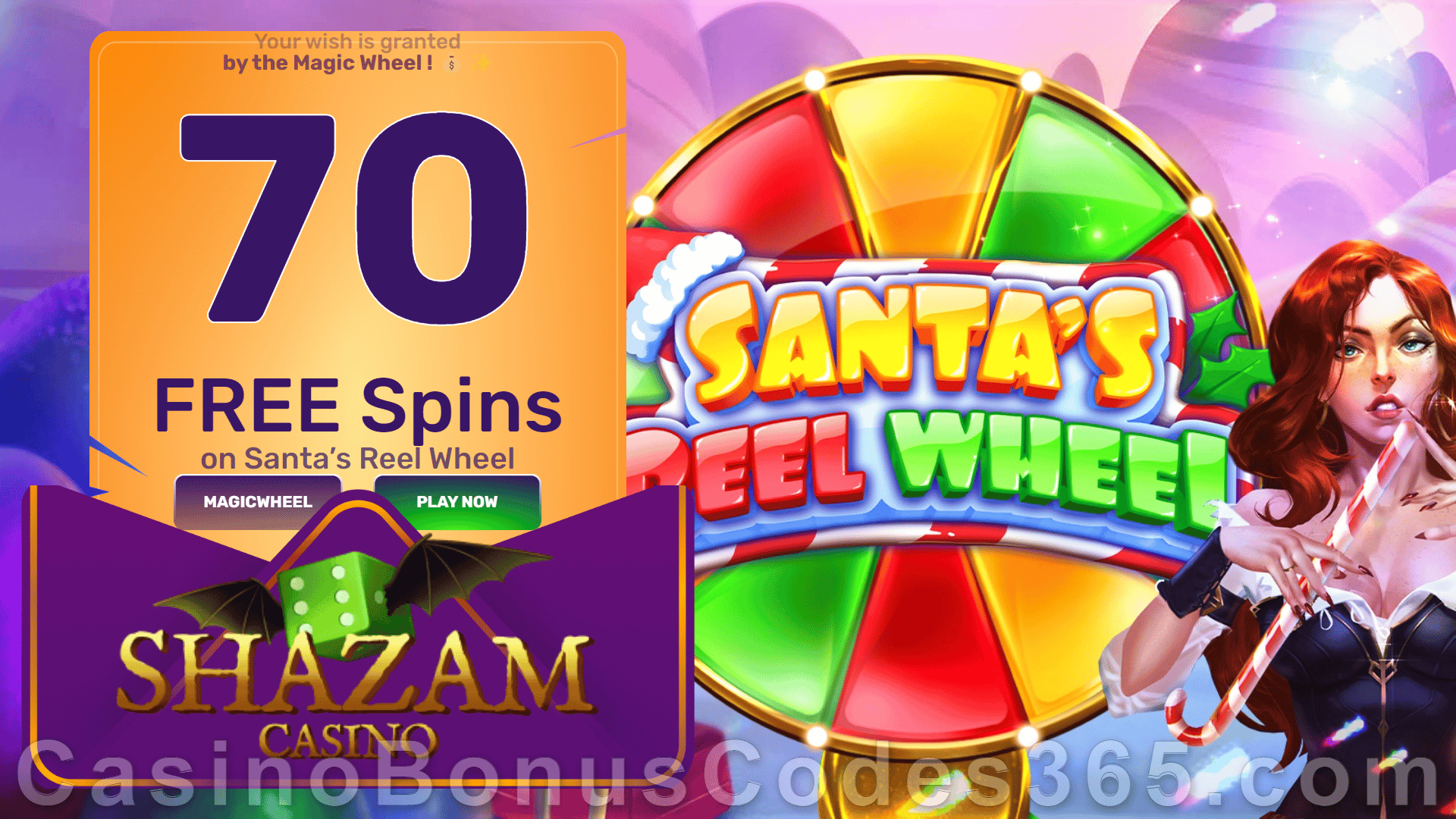 Shazam Casino 70 FREE Spins on RTG Santa's Reel Wheel No Deposit New Players Offer