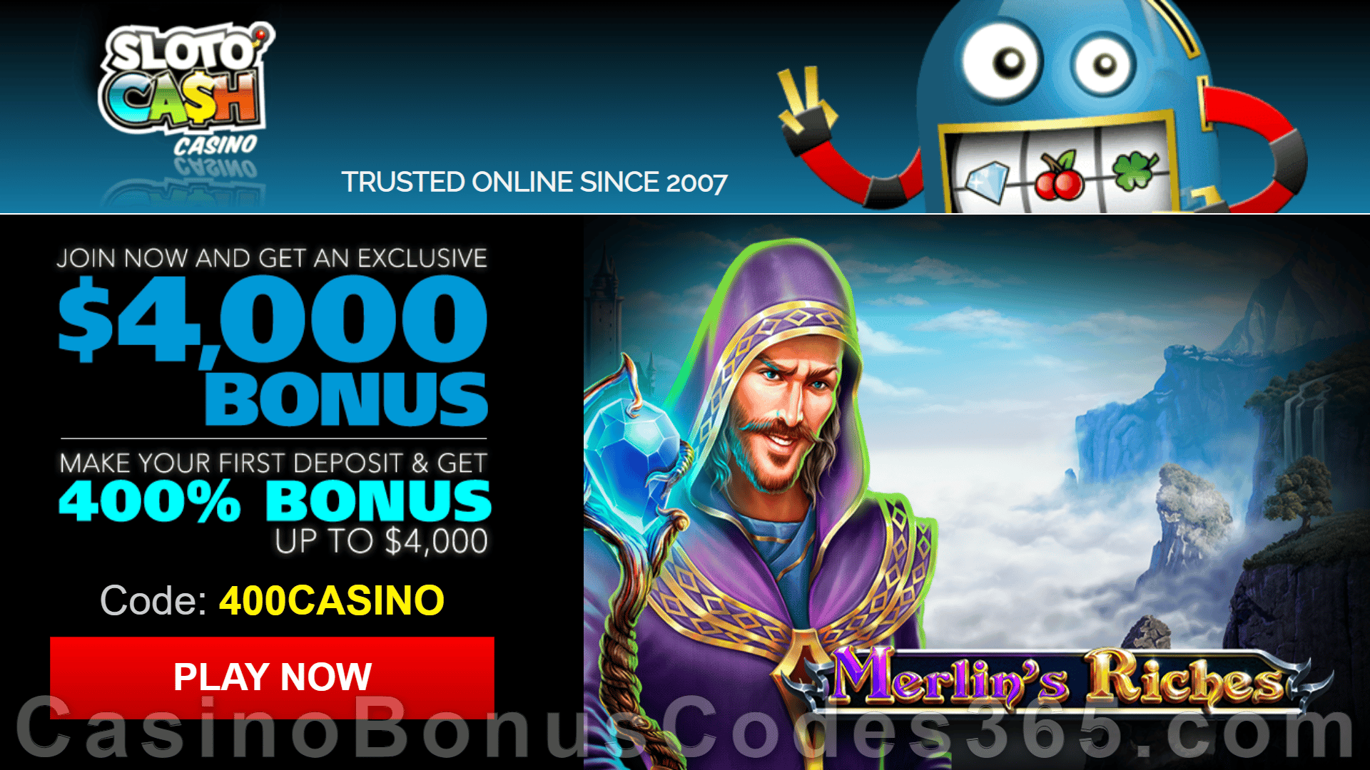 SlotoCash Casino RTG Merlin's Riches 400% Welcome Bonus