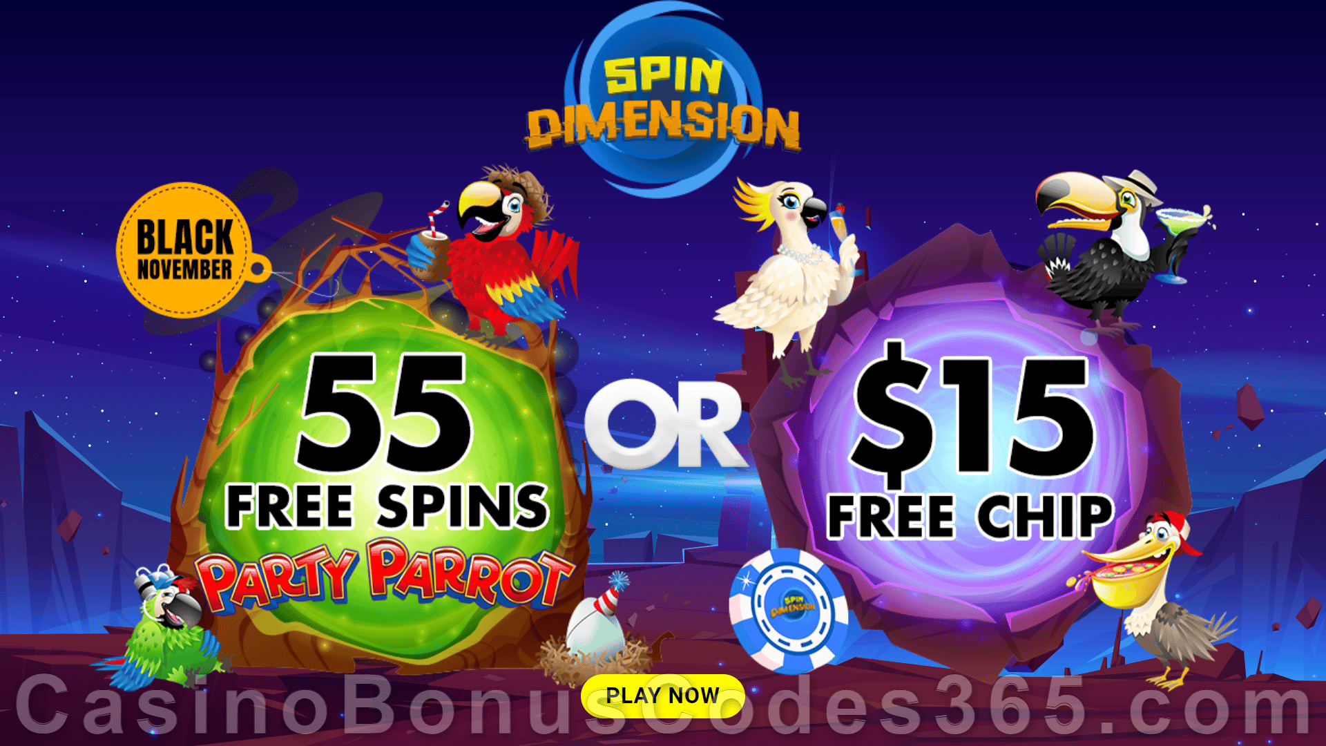 SpinDimension 55 FREE Spins on Rival Gaming Party Parrot Exclusive No Deposit Welcome Deal