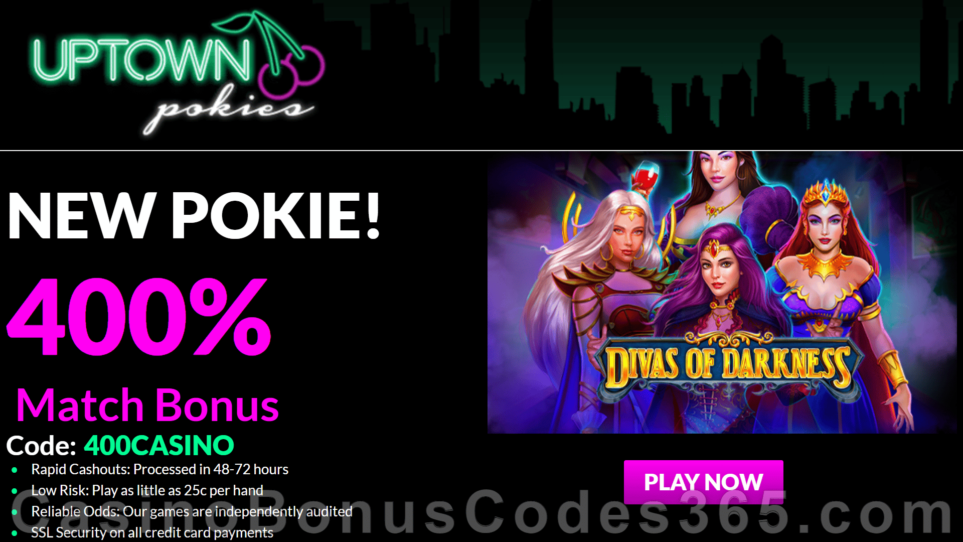 Uptown Pokies RTG Pokies Divas of Darkness 400% Match up to $4000 Special Sign Up Deposit Gift Pack