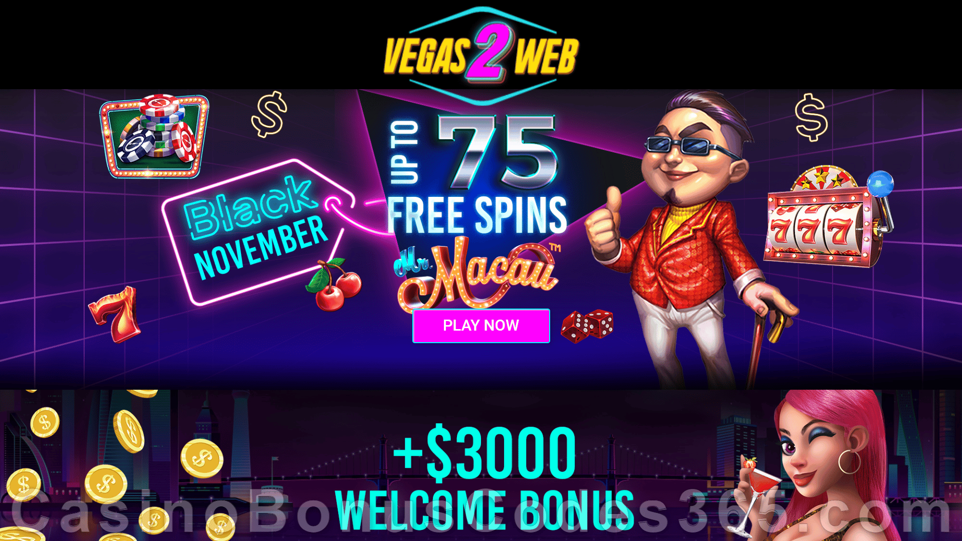 Vegas2Web Casino Exclusive 75 FREE Spins on Mr. Macau No Purchase