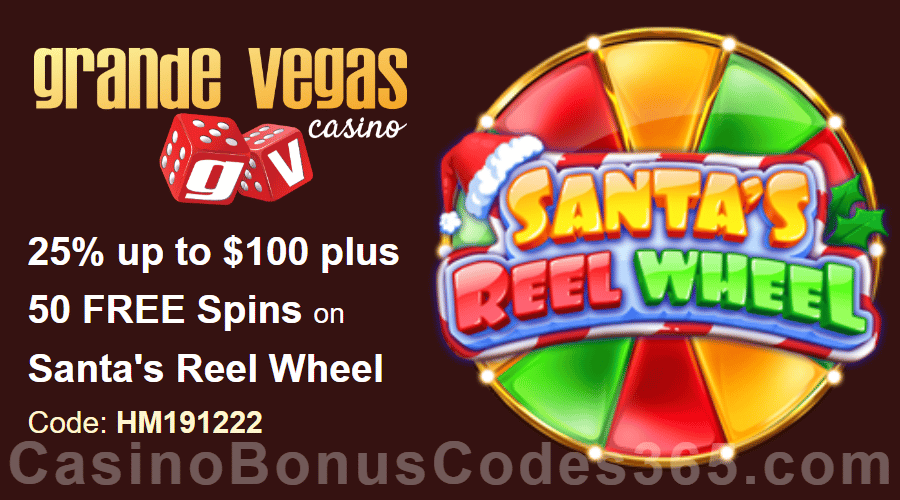 Grande Vegas Casino 25% up to $100 plus 50 FREE Spins on RTG Santa's Reel Wheel Special Weekly Deal