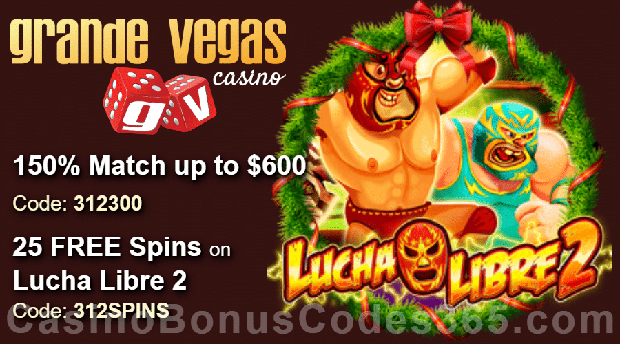 Grande Vegas Casino 150% up to $300 Bonus plus 25 FREE RTG Lucha Libre 2 Spins Special Deal