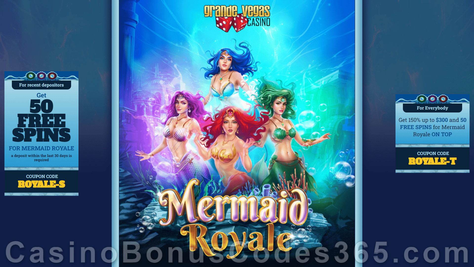 Grande Vegas Casino New RTG Game Mermaid Royale 150% up to $300 Bonus plus 150 FREE Spins Special Promotion