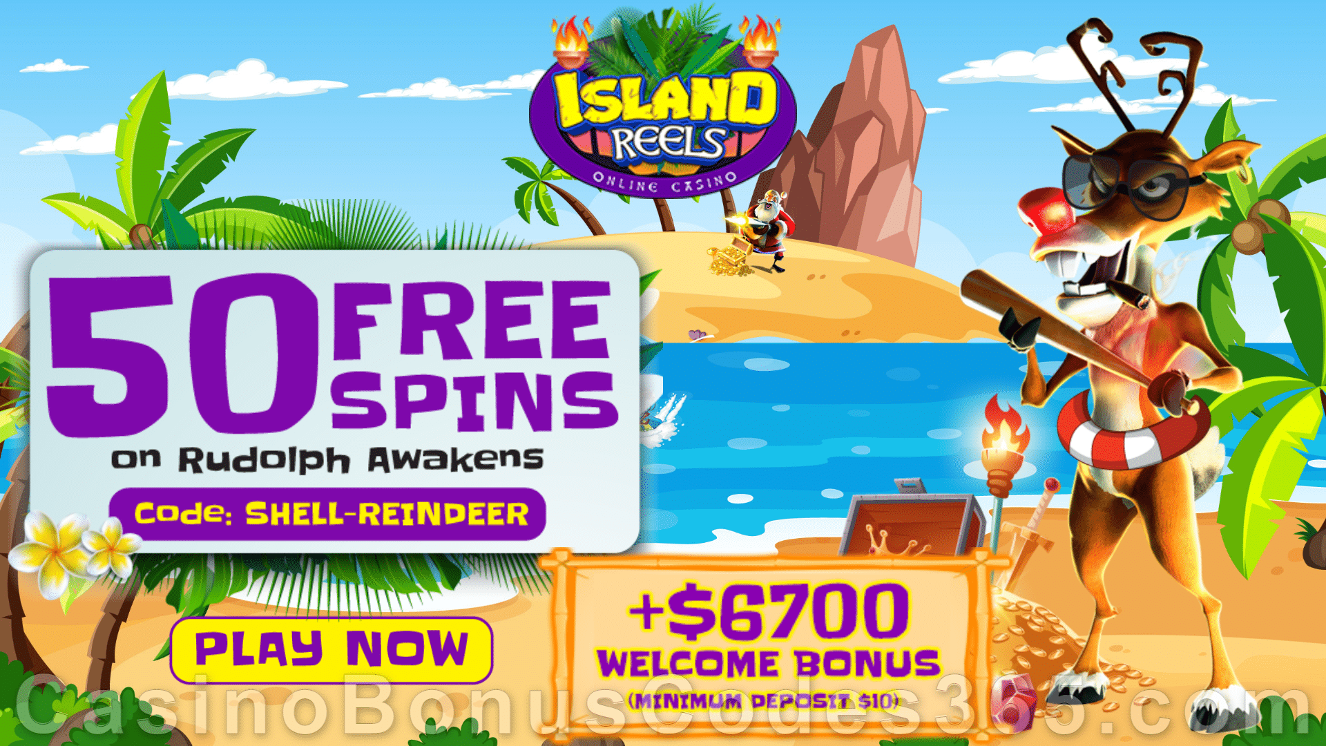 Island Reels 50 FREE Spins on RTG Rudolph Awakens Exclusive No Deposit Sign Up Offer