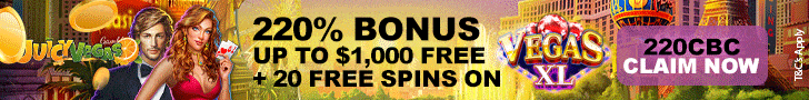 Juicy Vegas 220% Match Bonus plus 20 FREE RTG Vegas XL Exclusive Reward for All Players