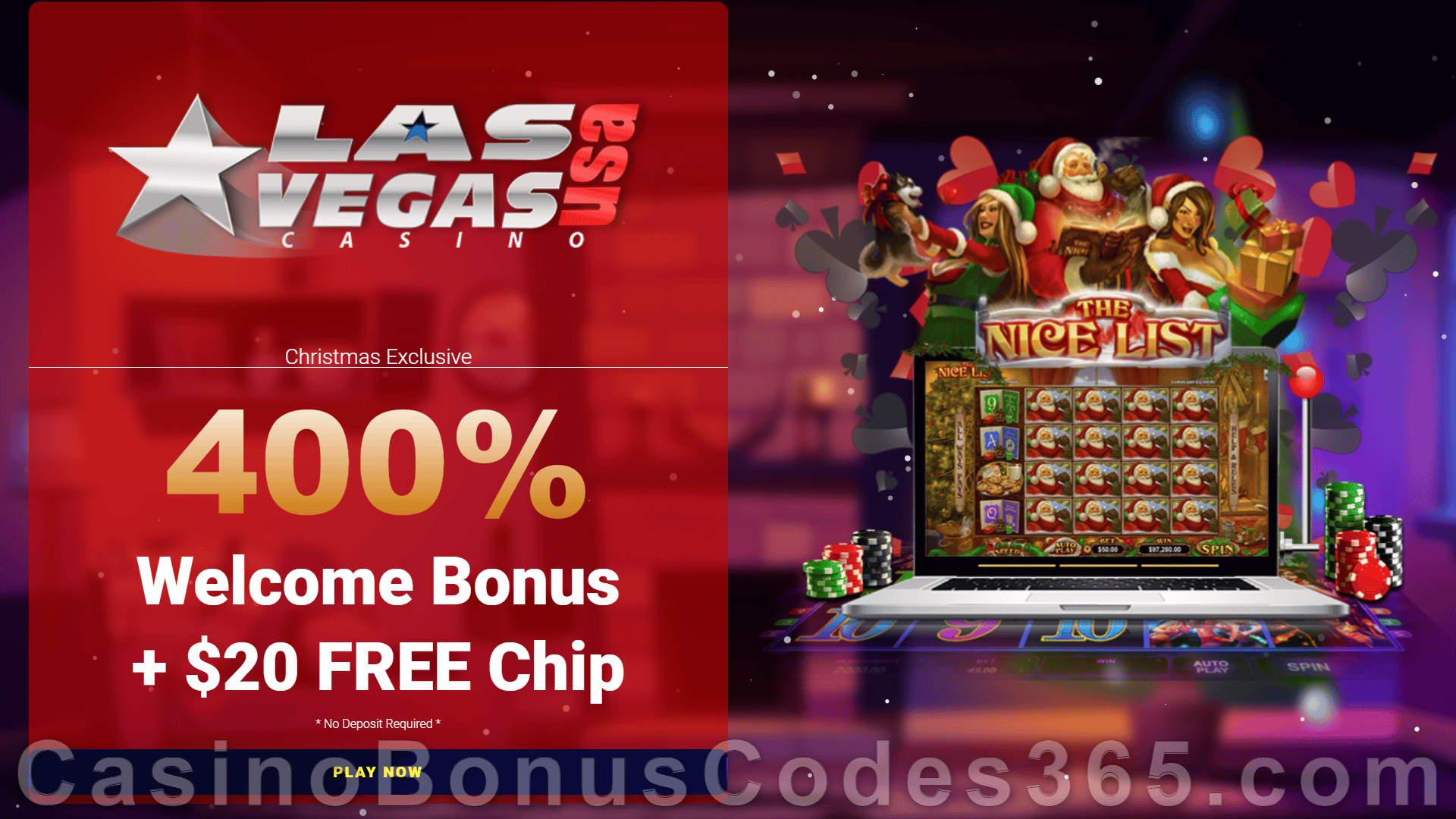 Las Vegas USA Casino $20 FREE Chip plus 400% Match Bonus Special Welcome Deal