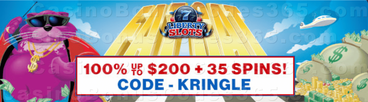 Liberty Slots 100% Match Bonus up to $200 Bonus plus 35 FREE Spins on WGS Fat Cat Special Sign Up Offer