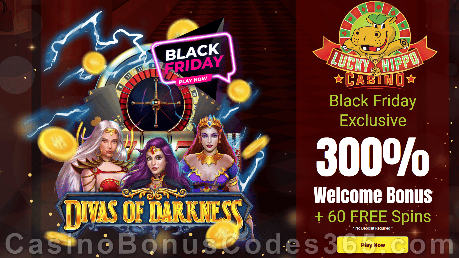 Lucky Hippo Casino 300% Match plus 60 FREE Spins on RTG Divas of Darkness  New Players Deal