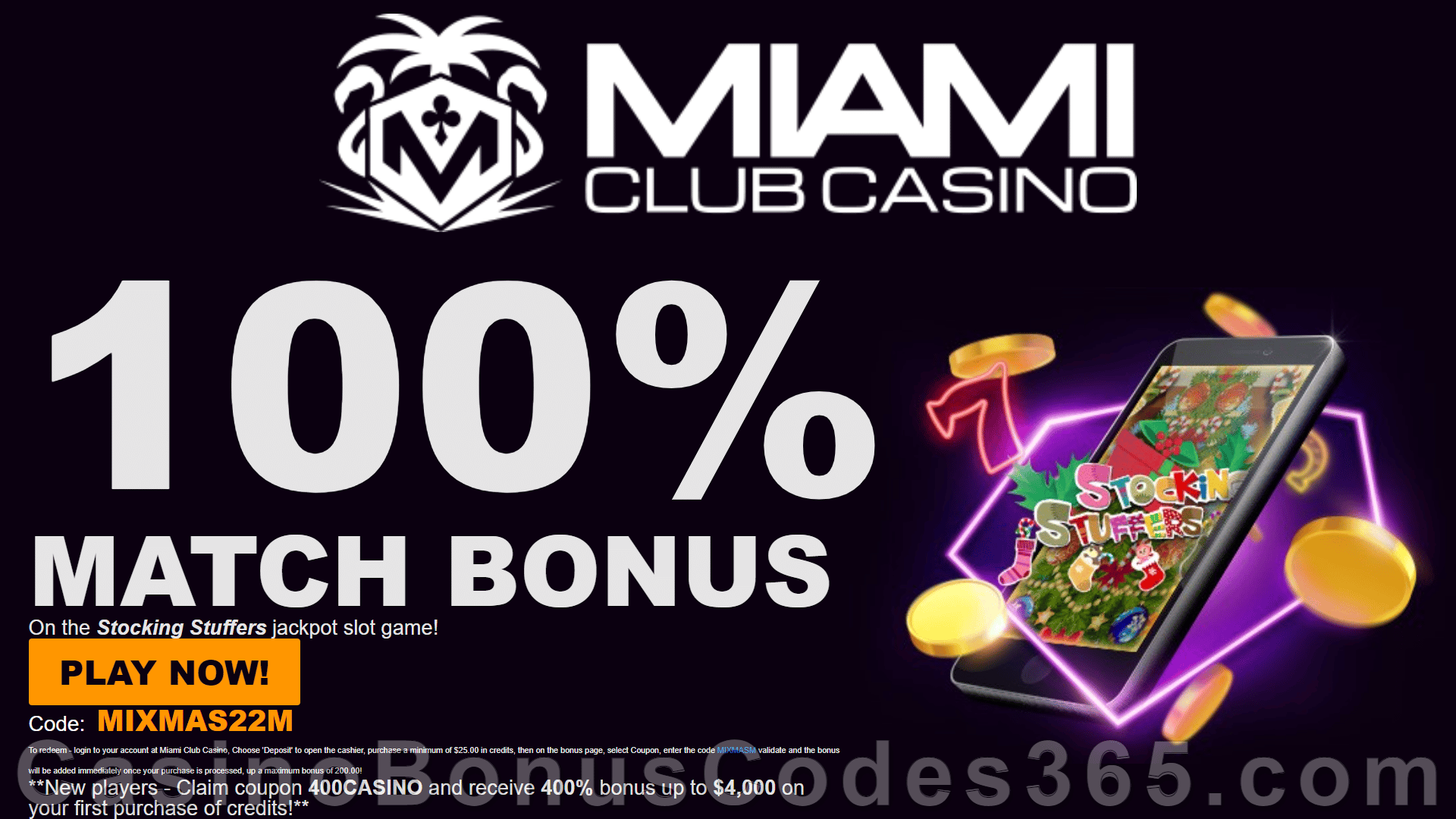 Miami Club Casino WGS Stocking Stuffers 100% up to $200