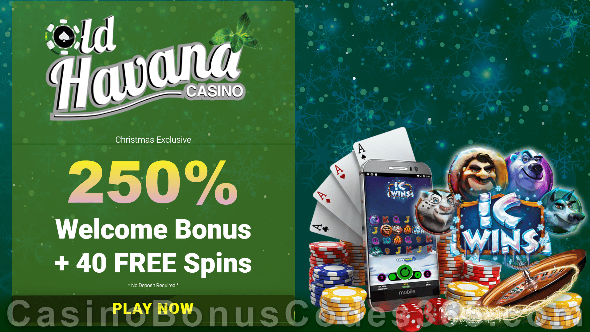Old Havana Casino 40 FREE Spins on RTG IC Wins No Deposit Deal plus 250% Match Welcome Bonus Package
