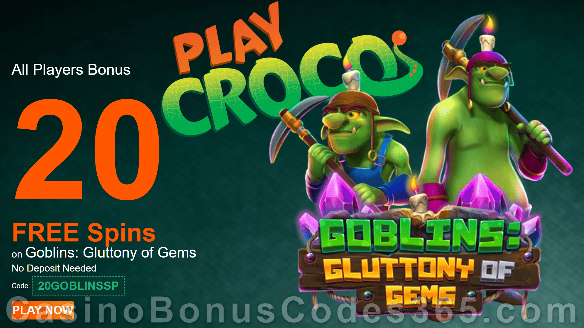 PlayCroco 20 FREE Goblins: Gluttony of Gems Spins Special No Deposit New RTG Game Promo