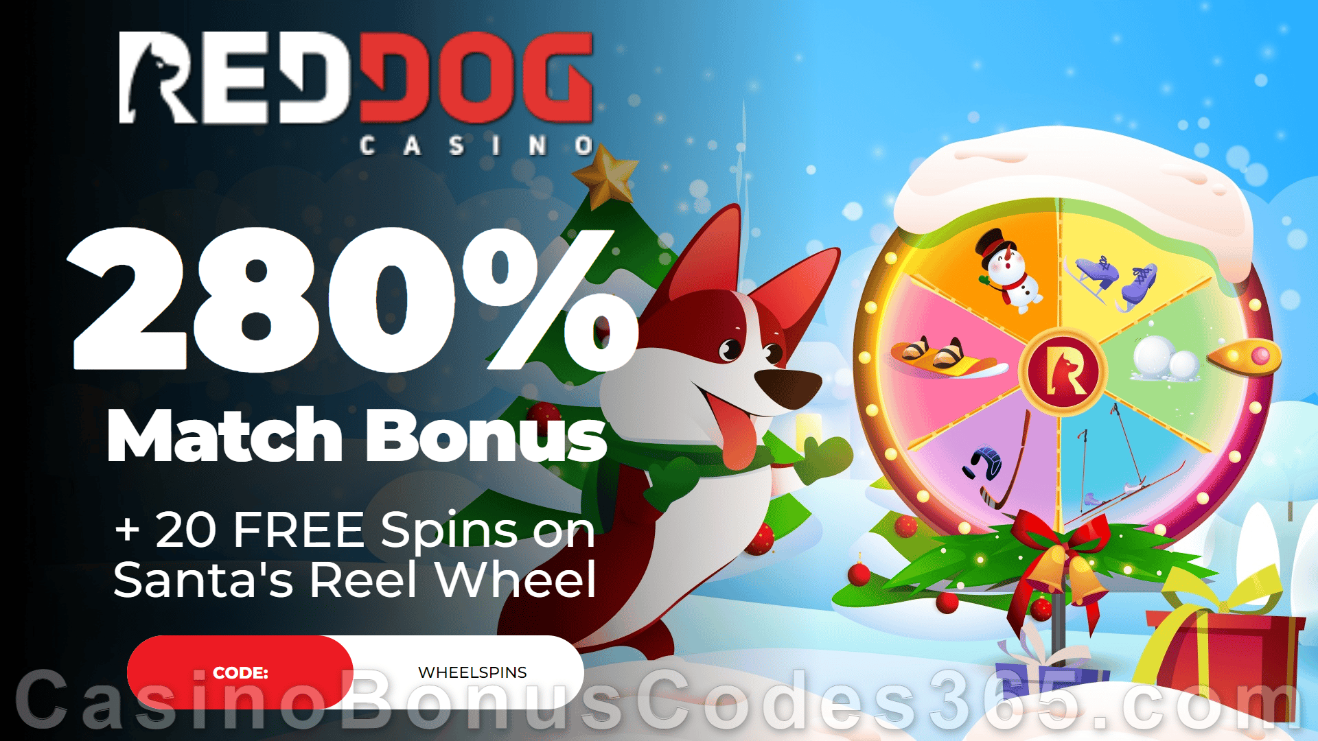 Red Dog Casino 280% Match plus 20 FREE RTG Santa's Reel Wheel Spins Special New Players Offer