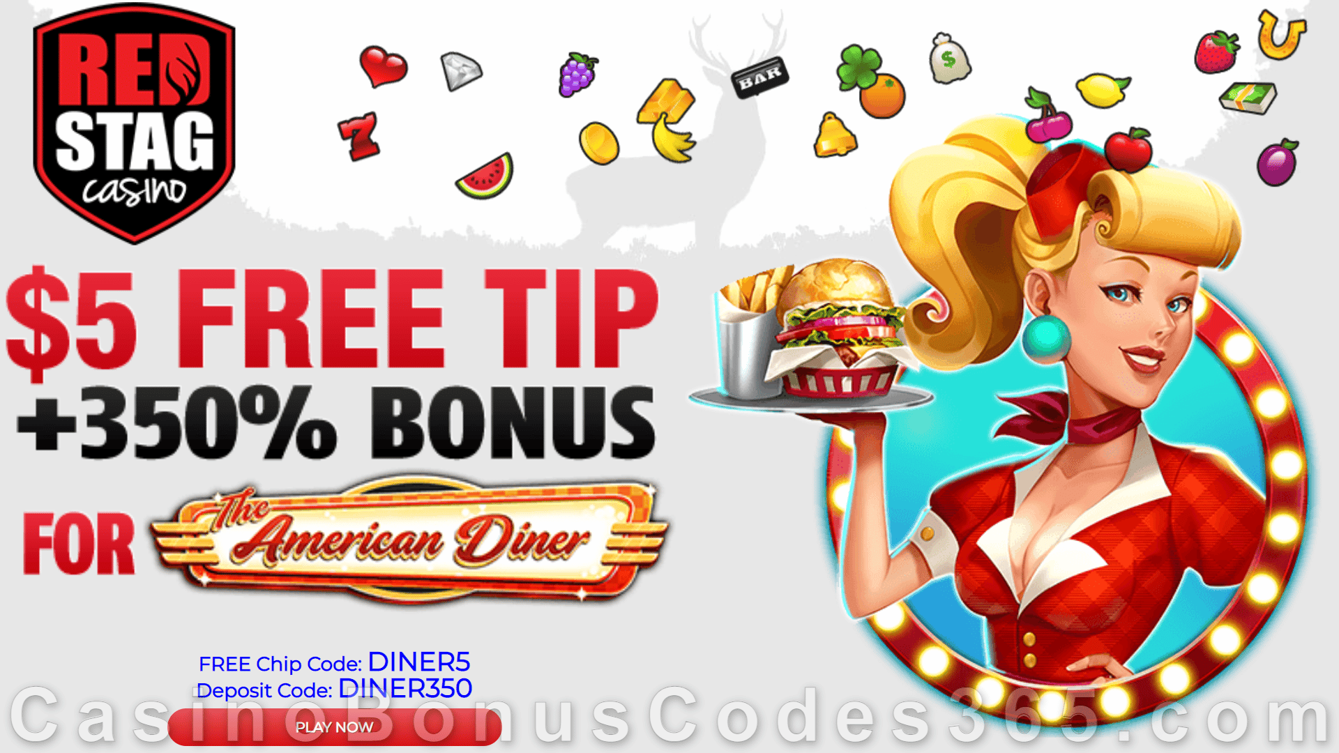 Red Stag Casino 68 FREE Spins on American Diner plus 350% Match Bonus Welcome Package