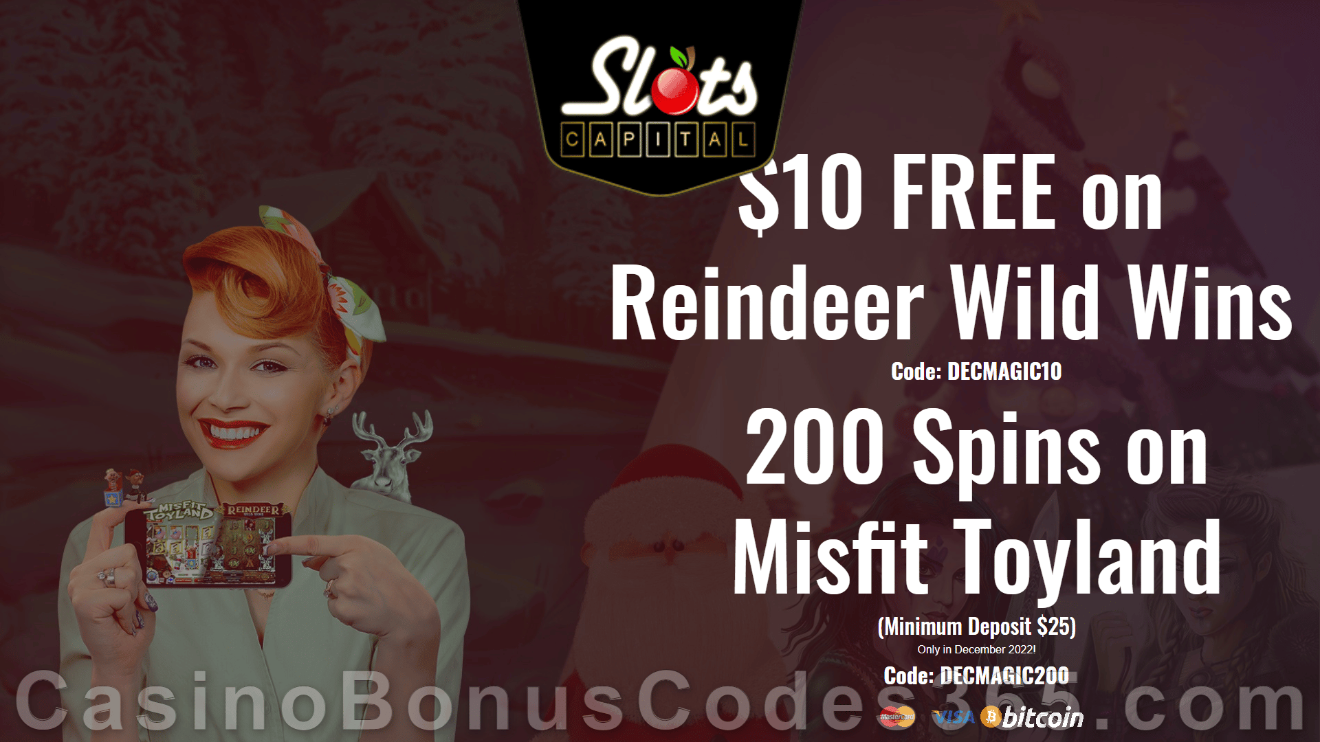 Slots Capital Online Casino 50 FREE Spins on Rival Gaming Misfit Toyland plus 400% Match Bonus Holiday Season Special Deal